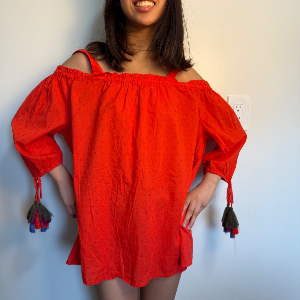 Papaya Cold Shoulder Swiss Dot Tassel Top Red Orange Womens Size 18 Boho Blouse